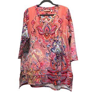 Soft Surroundings Coral Multicolor V Neck 3/4 Sleeve Top Size XL